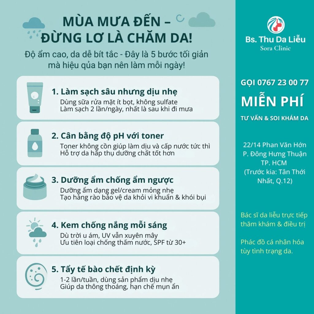Dược mỹ phẩm và kem chống nắng chống nước, hỗ trợ chăm sóc da mùa mưa tại Sora Clinic.