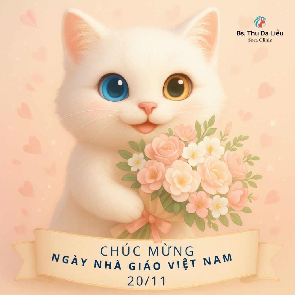 Meo mascot cầm hoa tri ân 20/11 – Sora Clinic Quận 12 chúc mừng Ngày Nhà Giáo Việt Nam
