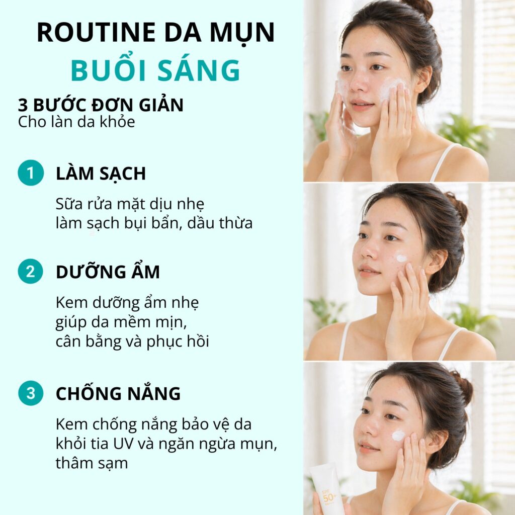 Các bước routine da mụn buổi sáng gồm làm sạch dưỡng ẩm và chống nắng