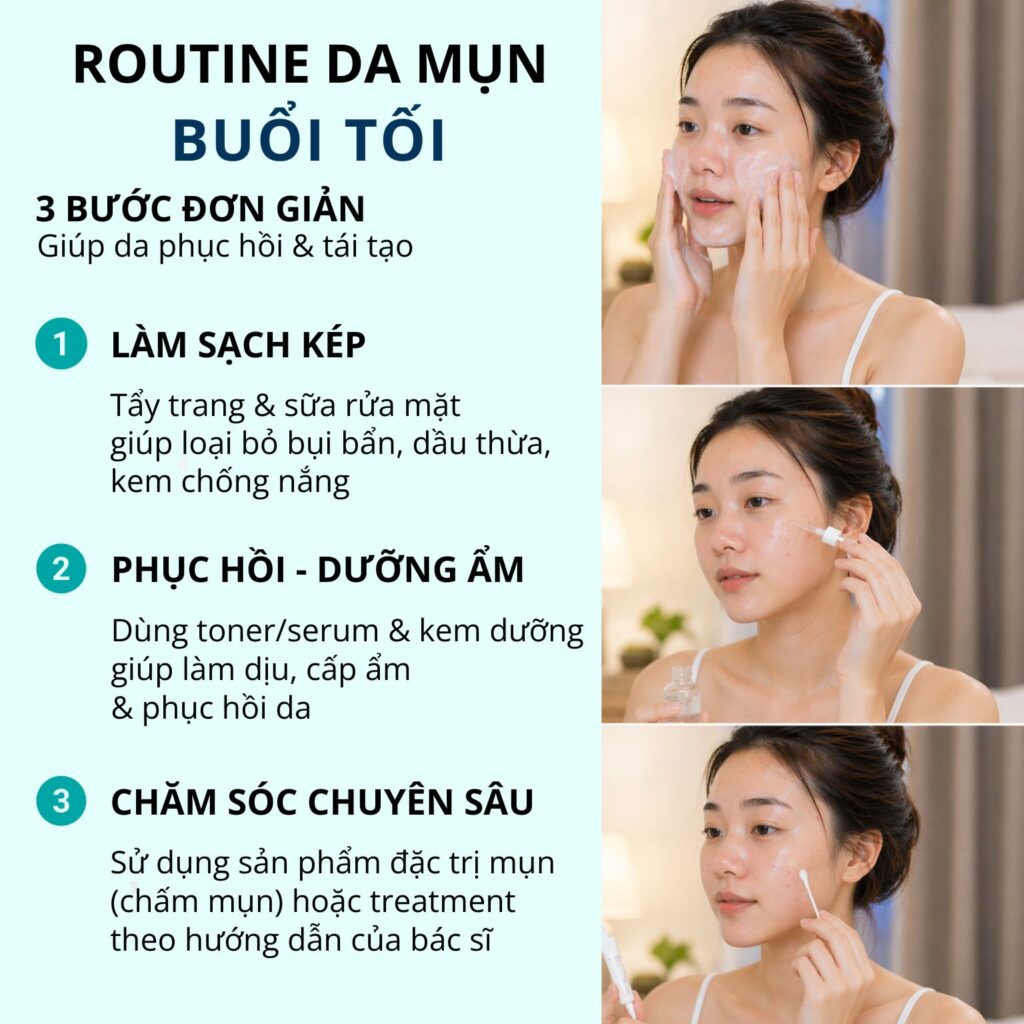Routine da mụn buổi tối với các bước làm sạch điều trị và phục hồi da