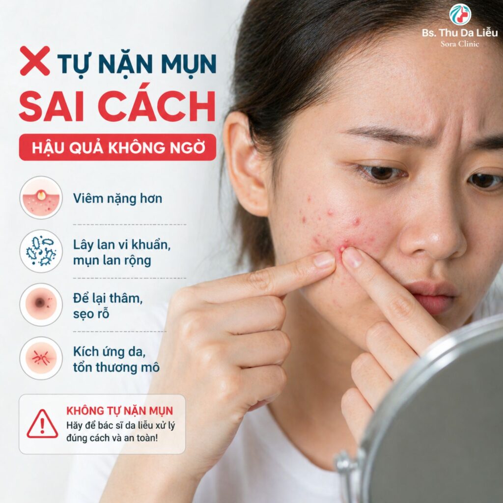 Tự nặn mụn viêm tại nhà có thể làm viêm nặng hơn và lan rộng